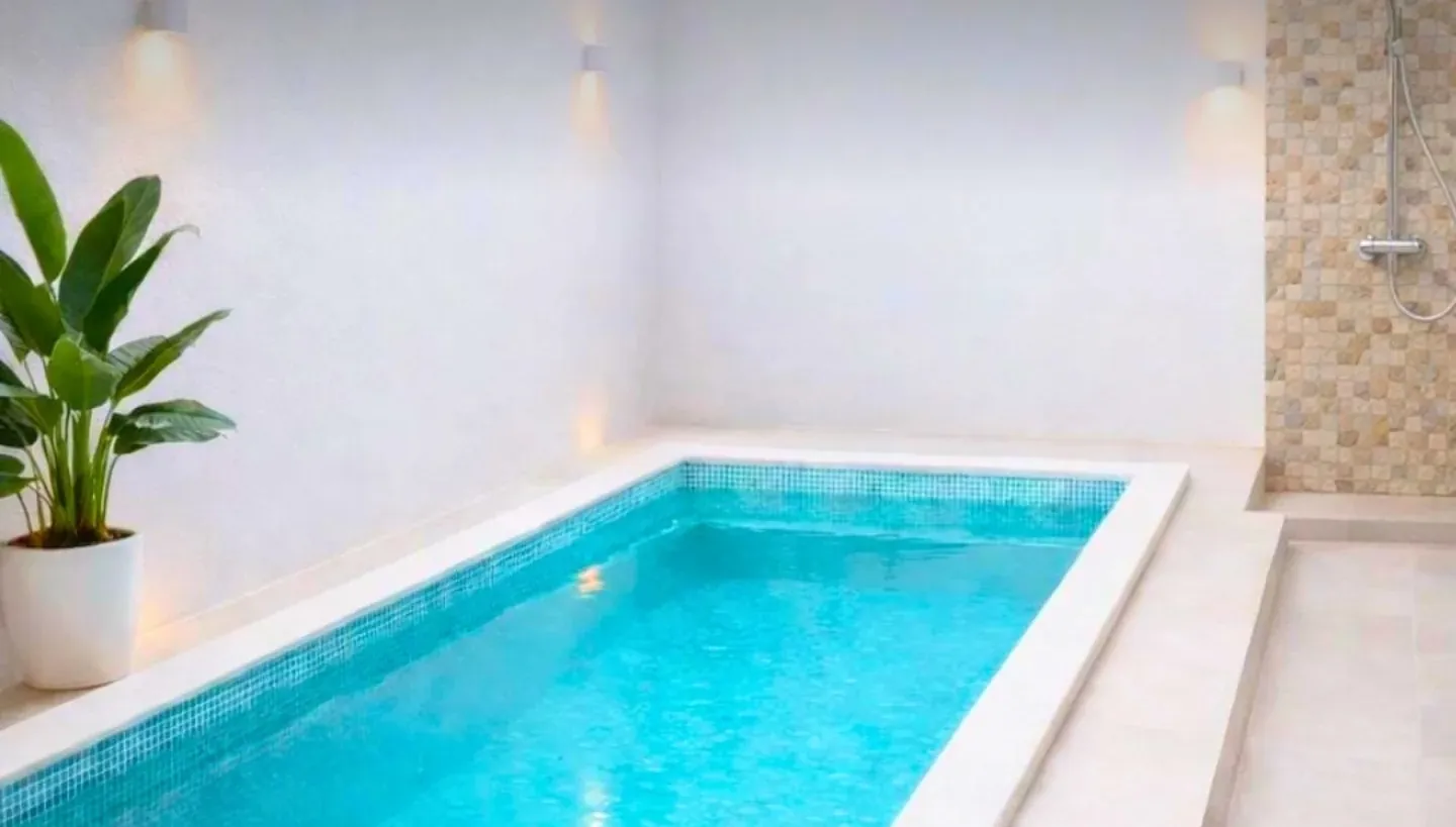 Piscina de fibra com pastilha em área interna iluminada, com planta ao lado